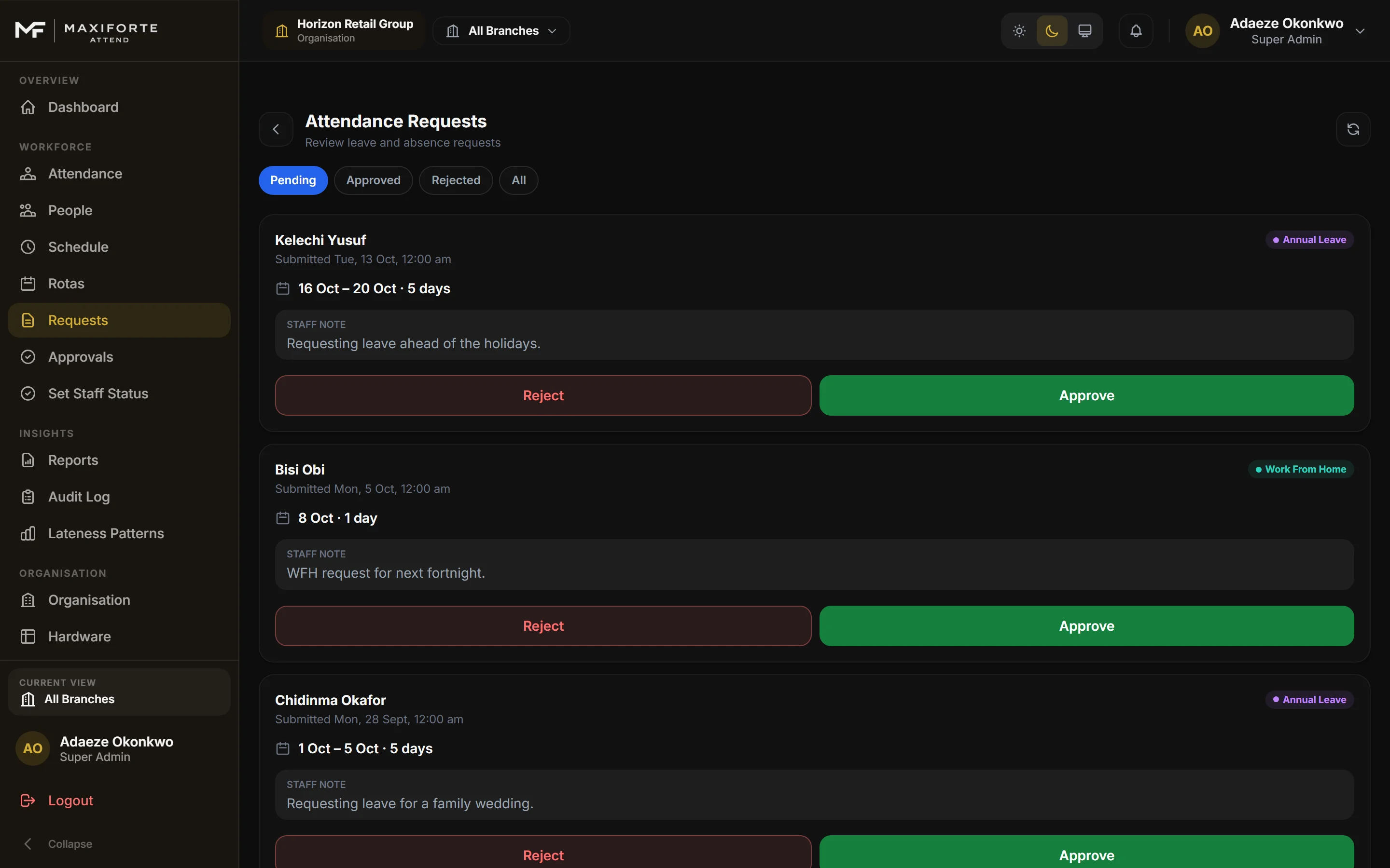 MAXIFORTE Attend Attendance Requests screen: pending leave and work-from-home requests, each with Reject and Approve buttons