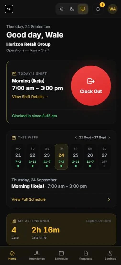 MAXIFORTE Attend on a phone: today's shift, clock-in button and the week's schedule